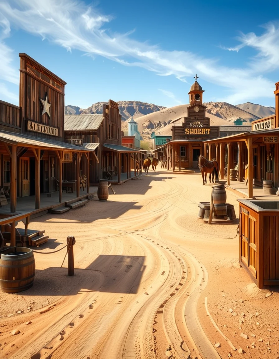 A classic Wild West town in the late 1800s, surrounded by arid desert and towering rock formations. The dusty main street is lined with wooden buildings, including a saloon with swinging doors, a sheriffâs office with a star emblem, a general store with a wooden sign, and a blacksmithâs shop with tools hanging outside. Old-fashioned wooden wagons are parked along the street, and a few horses are tied to hitching posts. The atmosphere is lively, with cowboys wearing wide-brimmed hats, boots, and leather dusters walking around, some talking near the saloon while others ride horses. The sky is bright blue with a few wispy clouds, and the sunlight casts long shadows on the ground. In the background, a water tower stands tall, and a windmill slowly turns in the breeze. The scene is full of rustic details, evoking the adventurous spirit of the American frontier.<lora:SDXLFaeTastic2400:0.4> <lora:extremely_detailed:0.4> extremely detailed, <lora:Western_v1ll4g3:1>,Western v1ll4g3, Masterpiece,best quality,hi res,8k,hi res,8k,award winning,(sharp focus, intricate, highly detailed),