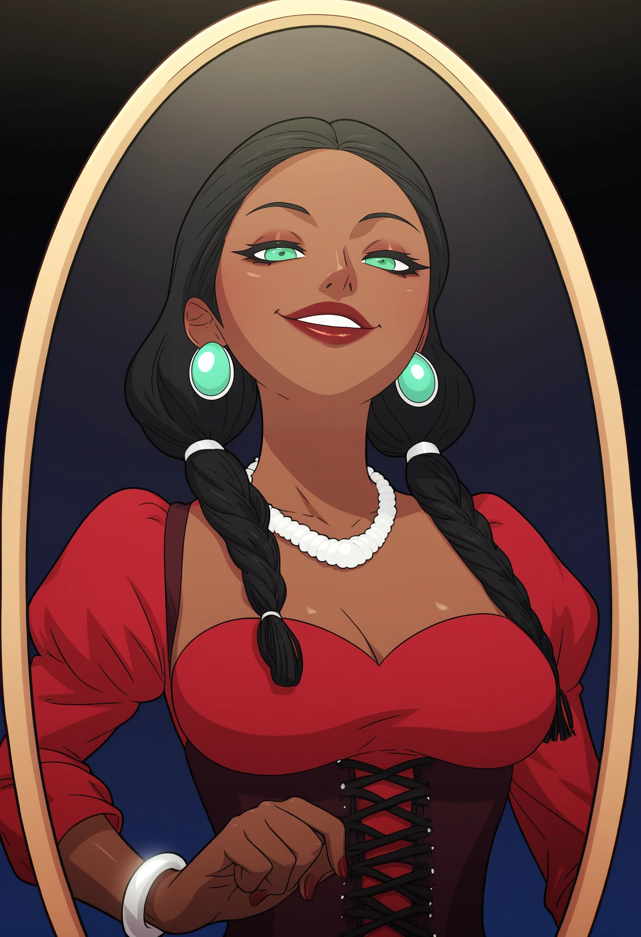 score_9, score_8_up, score_7_up, score_6_up, score_5_up, score_4_up, rating_safe, flat color, BREAK
1girl, solo, jewelry, smile, necklace, braid, holding, long hair, dress, very long hair, green eyes, black background, dark-skinned female, earrings, grin, long sleeves, dark skin, red lips, teeth, red dress, corset, dark background, mirror, breasts, parted lips, bracelet, looking at viewer, alternate costume, twintails, simple background, makeup
<lora:manyakisv2:1>