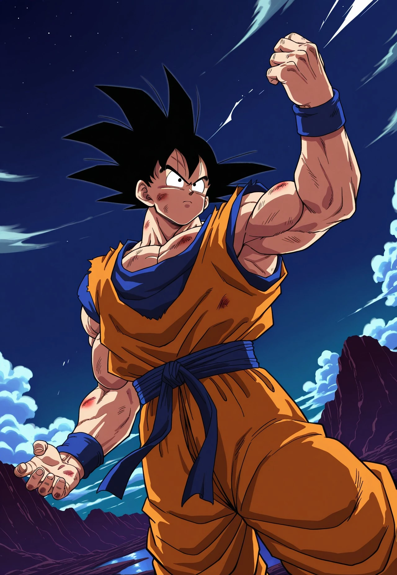 goku, 1boy, solo, male focus, muscular, dougi, wristband, serious look, shout, fighting, bruise, sky, cloud, night time, valley, cowboy shot, dutch angle, dynamic angle, masterpiece, best quality, amazing quality