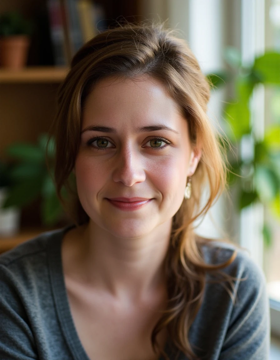 A close-up portrait of J3NN4 sitting by her window, with soft natural light gently illuminating her face and creating subtle shadows. She has a relaxed, genuine smile, and her slightly tousled hair adds to her natural charm. She is dressed in casual clothes. The background reveals a cozy room with bookshelves and lush green plants, enhancing the warmth and comfort of the scene.