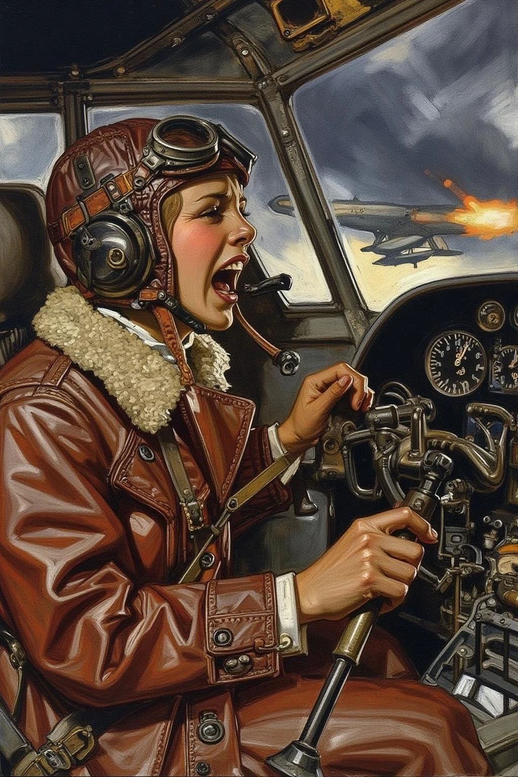 jcleyen1 painting.
A female pilot screaming inside the cockpit of a World War II bomber. The pilot, wearing a vintage leather flight helmet with goggles and a bomber jacket, grips the controls with white-knuckled hands. Her face is contorted in a mix of fear and determination as she yells, her eyes wide with adrenaline. The cockpit is cramped and filled with old-fashioned dials and gauges, with the outside view showing dark stormy clouds and distant anti-aircraft fire <lora:jcleyen1_cap_d6a3e11:1.0><lora:824054033674184606:0>