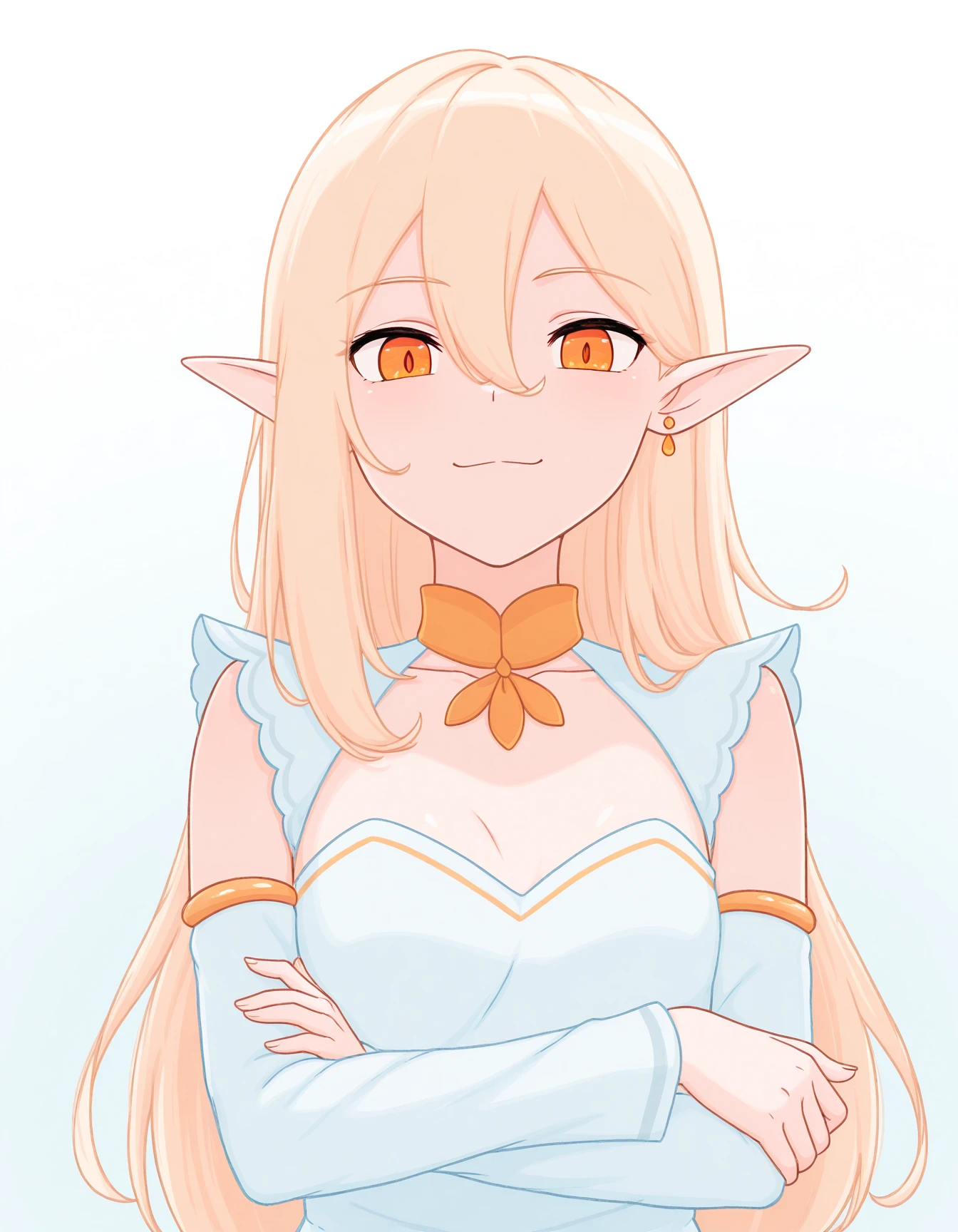 masterpiece, best quality, amazing quality, very aesthetic, high resolution, solo
Iris-vkstickrs, blonde hair, pointed ears, detached sleeves, orange eyes, light blue dress with gold accents, gradient background, smile, crossed arms, looking at viewer, 4 fingers
<lora:Iris-vkstickrs_il:0.9>