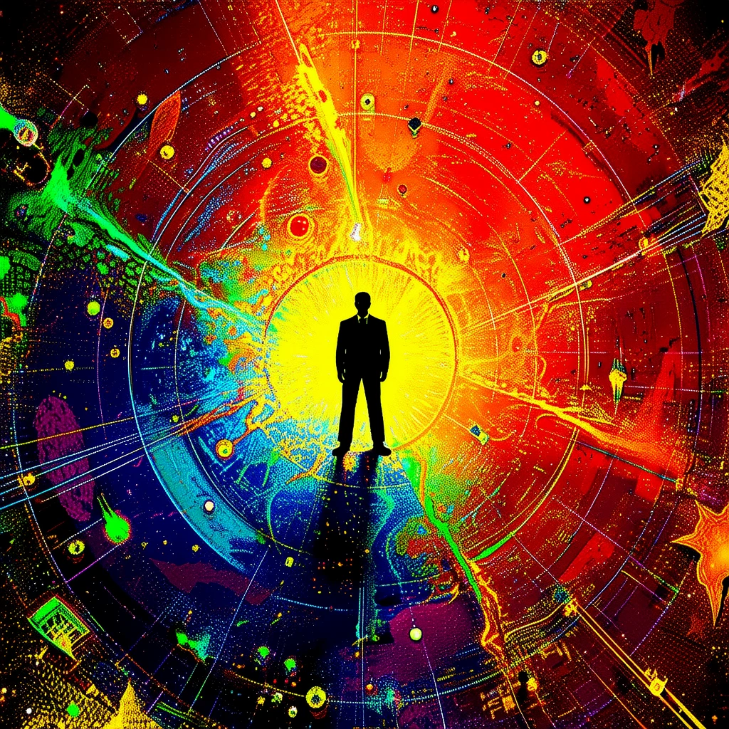 In colorfully earthy tones, show a man standing at the center of the universe.
gmtrcCE_style