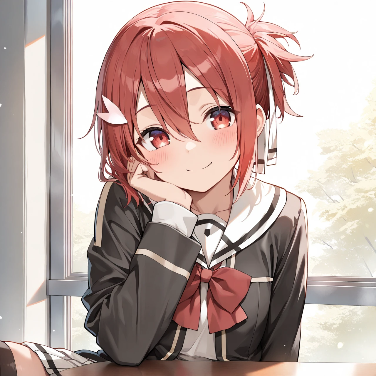 (masterpiece, best quality:2),Closed mouth, smile,Upper body, Front view,
<lora:Yuuki Yuna_Illustrious:0.8>,yuuki yuna,1girl, solo, hair ornament,hair ribbon,hair between eyes,red hair,red eyes,short side ponytail,black thighhighs,bow, ribbon,school uniform,white dress,long sleeves,white ribbon,black jacket,pleated_skirt,