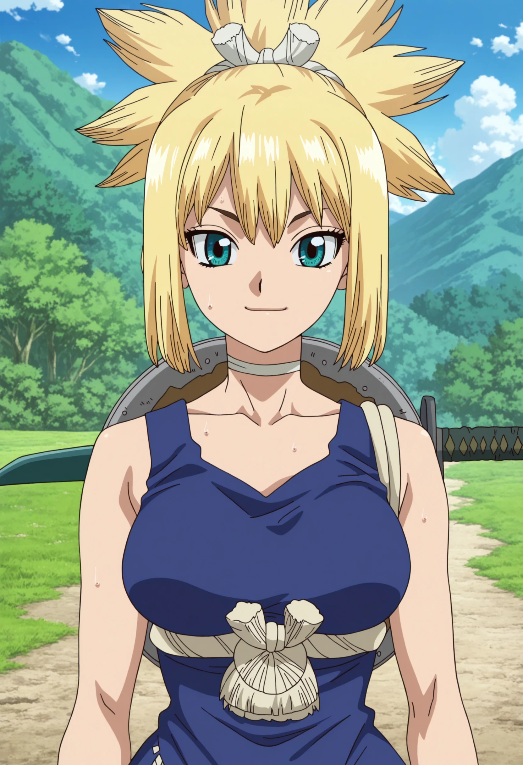 source anime,anime screencap,anime coloring,intricate details,fake screenshot,masterpiece, best quality, very aesthetic, dramatic lighting, illustration,
uncensored,
BREAK,
mature female,
kohaku, kohaku \(dr. stone\), 1girl, blonde hair, aqua eyes, choker, quad tails, ponytail,hair ornament,
weapon on back, shield,blue dress,
perfect face, beautiful eyes, beautiful face,perfect anatomy,
sweat, toned,
standing, upper body, portrait, looking at viewer, smile,
BREAK,
scenery, Detailed Background,outdoors, blue sky,
<lora:Kohaku_by_Nyx_for_Illu:0.8>,