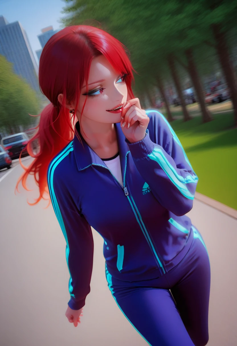 Madikat, masterpiece \(quality\), best quality, artist:hyde \(tabakko\), extremely beautiful woman, redhead, jogging in city park, track suit, high detail, high definition, seductive, inviting, score_9, score_8_up, score_7_up