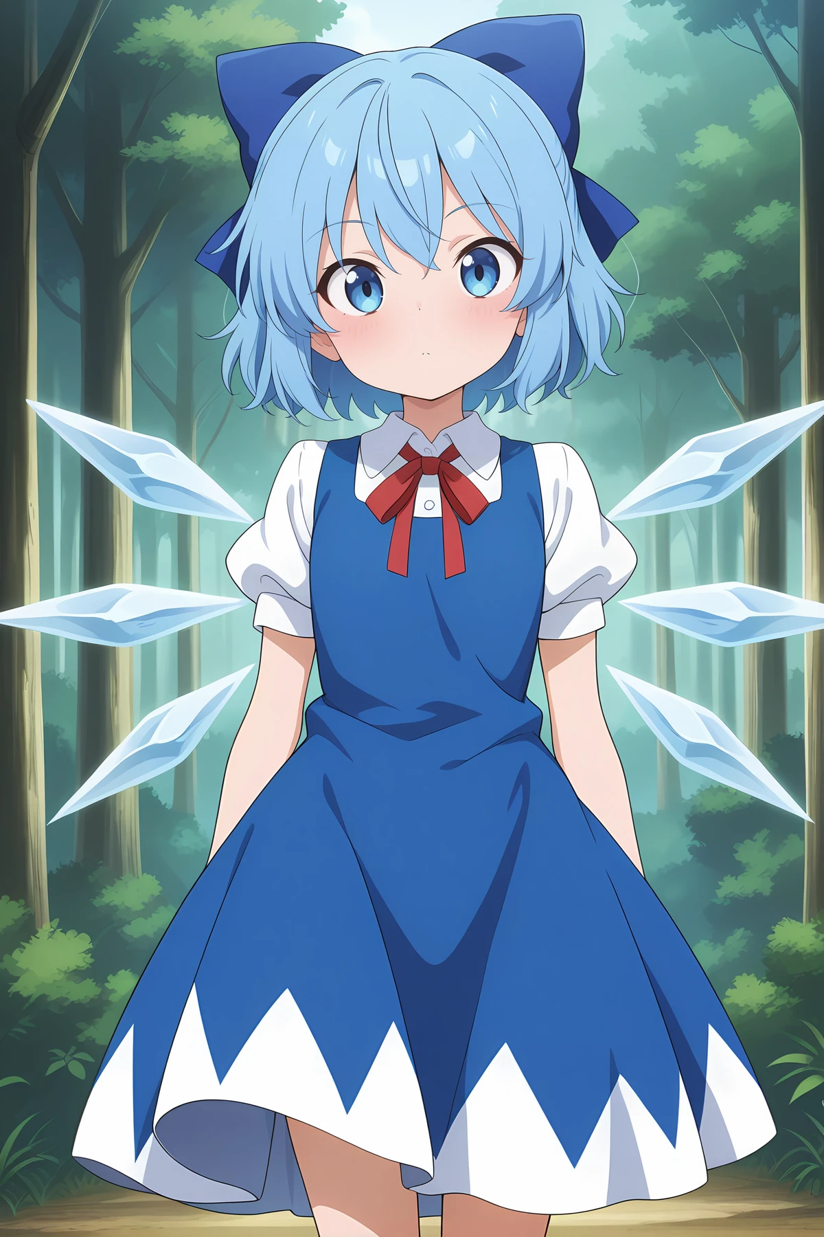 absurdres, highres, masterpiece, best quality, amazing quality, official anime artwork, screencap, anime screencap, outdoors, forest, looking at viewer,
<lora:Cirno_Illustrious:1> cirno, 1girl, solo, blue eyes, blue hair, short hair, ice wings, ice,, bow, hair bow, dress, blue dress, short sleeves, blue bow, puffy sleeves, red ribbon,
