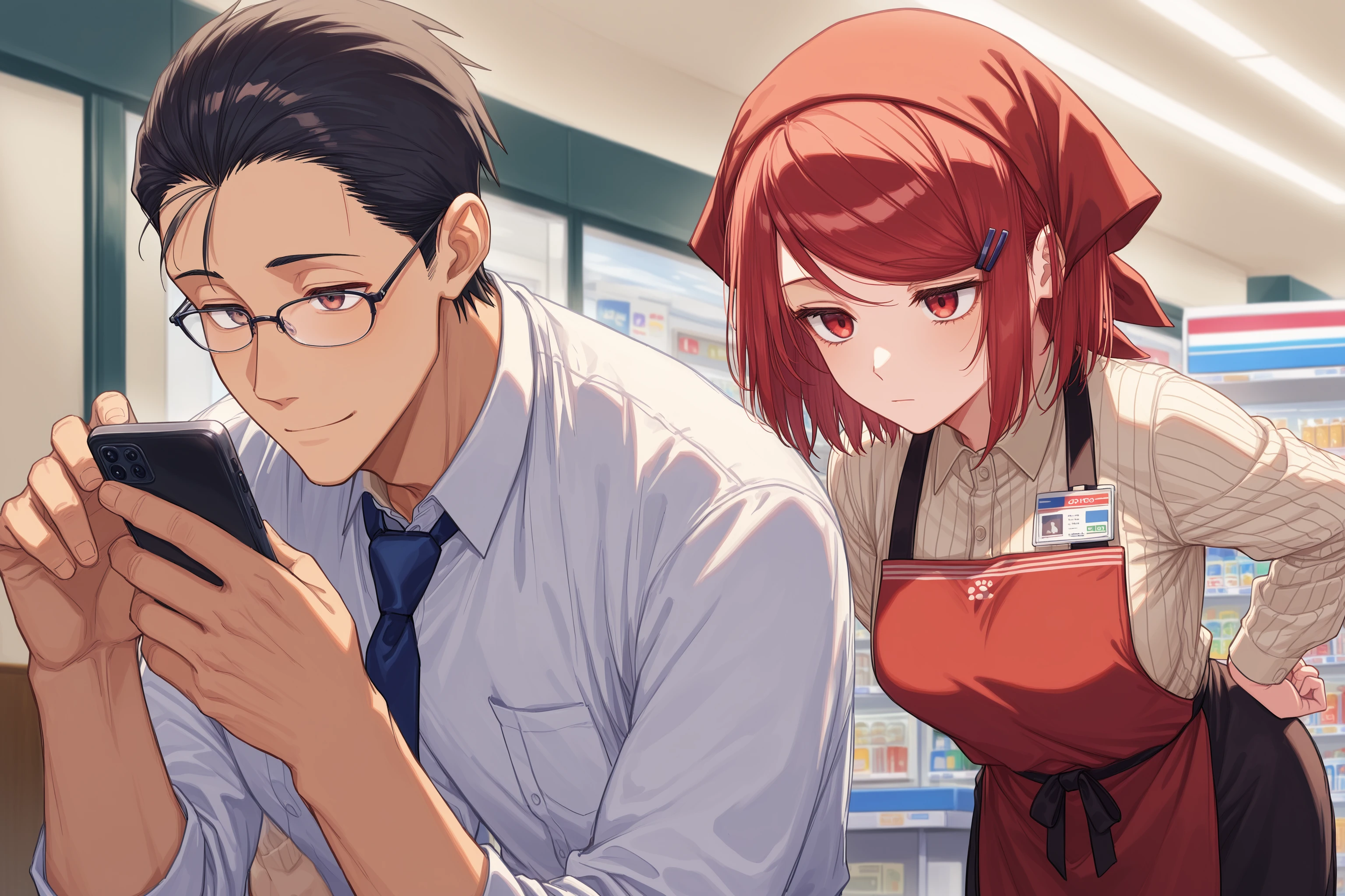 masterpiece, best quality, absurdres, safe
1boy sasaki black hair
suit, formal, white shirt
light smile, glasses, smartphone, holding phone
BREAK
masterpiece, best quality, absurdres, safe
1girl yamada swept bangs short hair hairclip red hair red eyes
red apron, head scarf, expressionless, (evil smile:0.5)
convenience store, standing
<lora:smoking_manga_il_2:1>