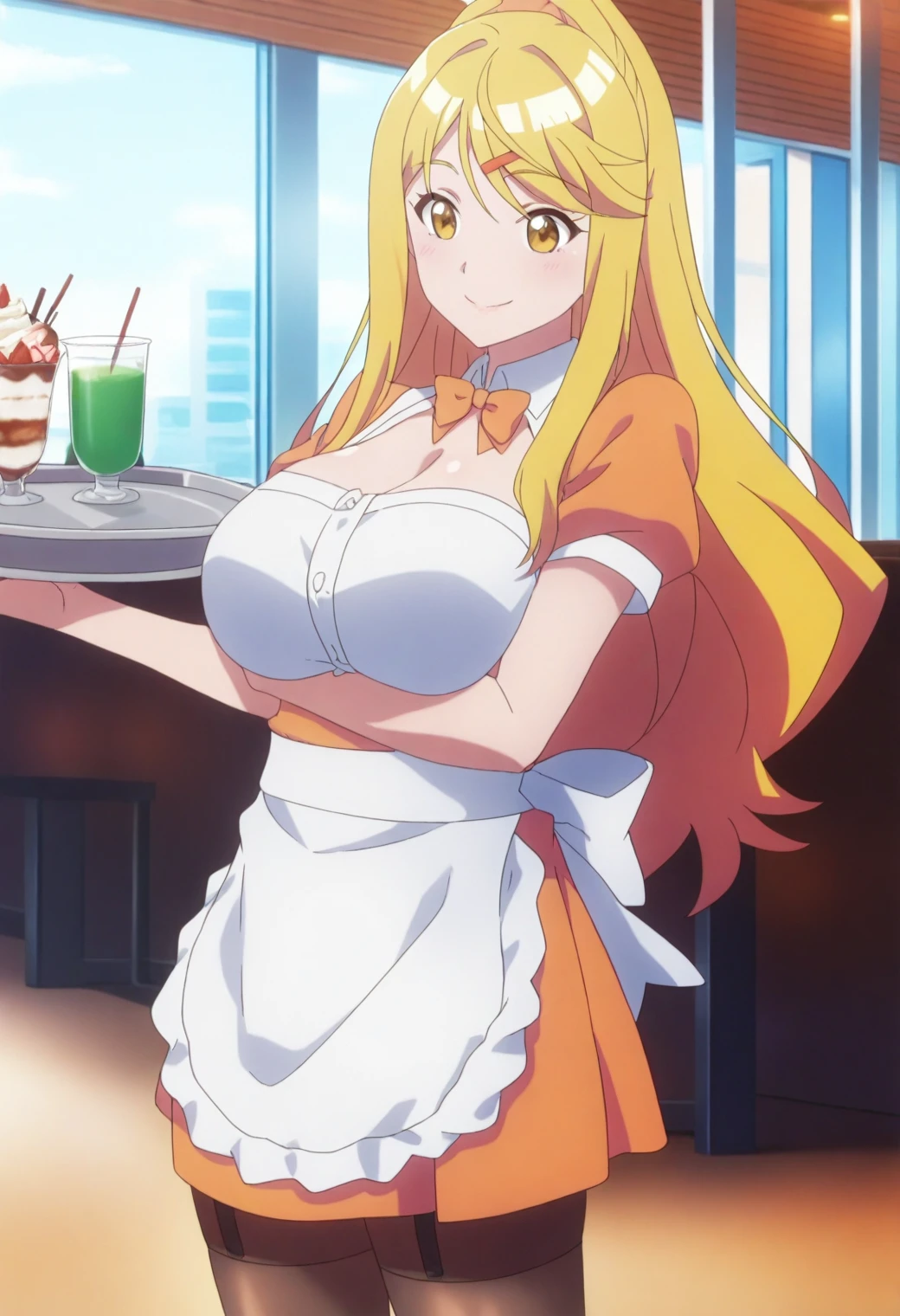 <lora:sernia_iori_flameheart_v1:0.8> sernia_iori_flameheart, blonde hair,  large breasts, cocktail dress,  drill hair,  hair bow, long hair, disco, masterpiece, best quality