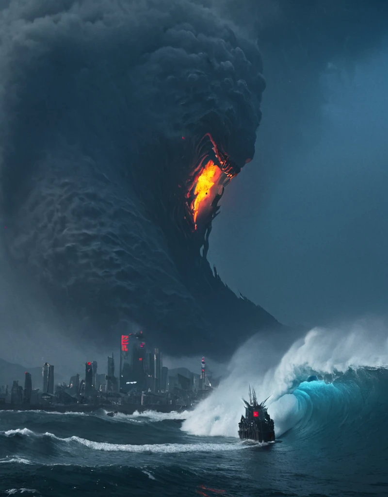 <lora:Space_Worlds_01__Poetic_xl:1.1> sw01p_xl, cyberpunk giant waves, lots of wind, fire storm, fire giant monster,