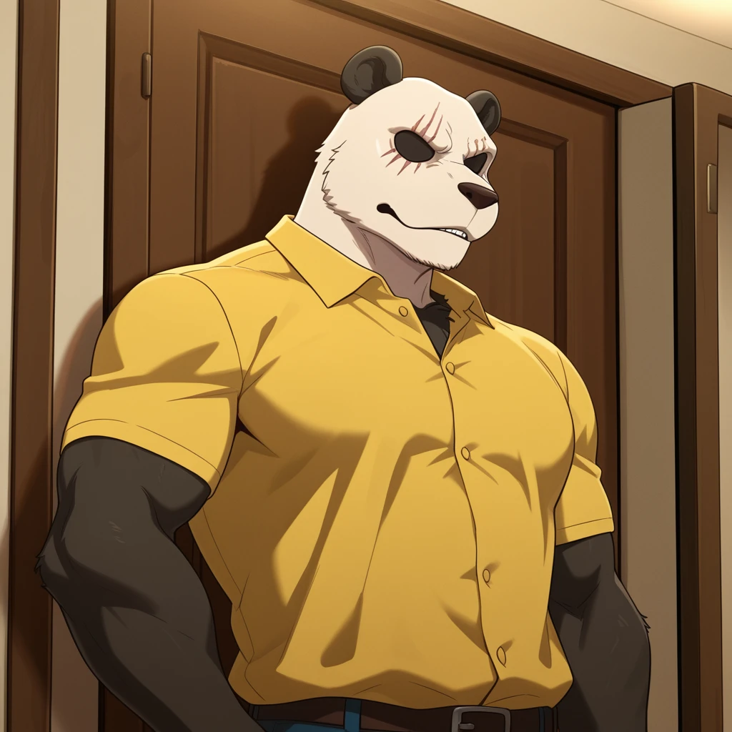 ((foto crua)), ((obra-prima)), Anthropomorphic humanoid bear wearing streetwear, andando entre as pessoas, detalhe intrincado, Greebles Intricate Pieces, city behind, casaco amarelo, corpo musculoso, Muscular arms, Small head, ogro monstruoso, Titan, soft lighting