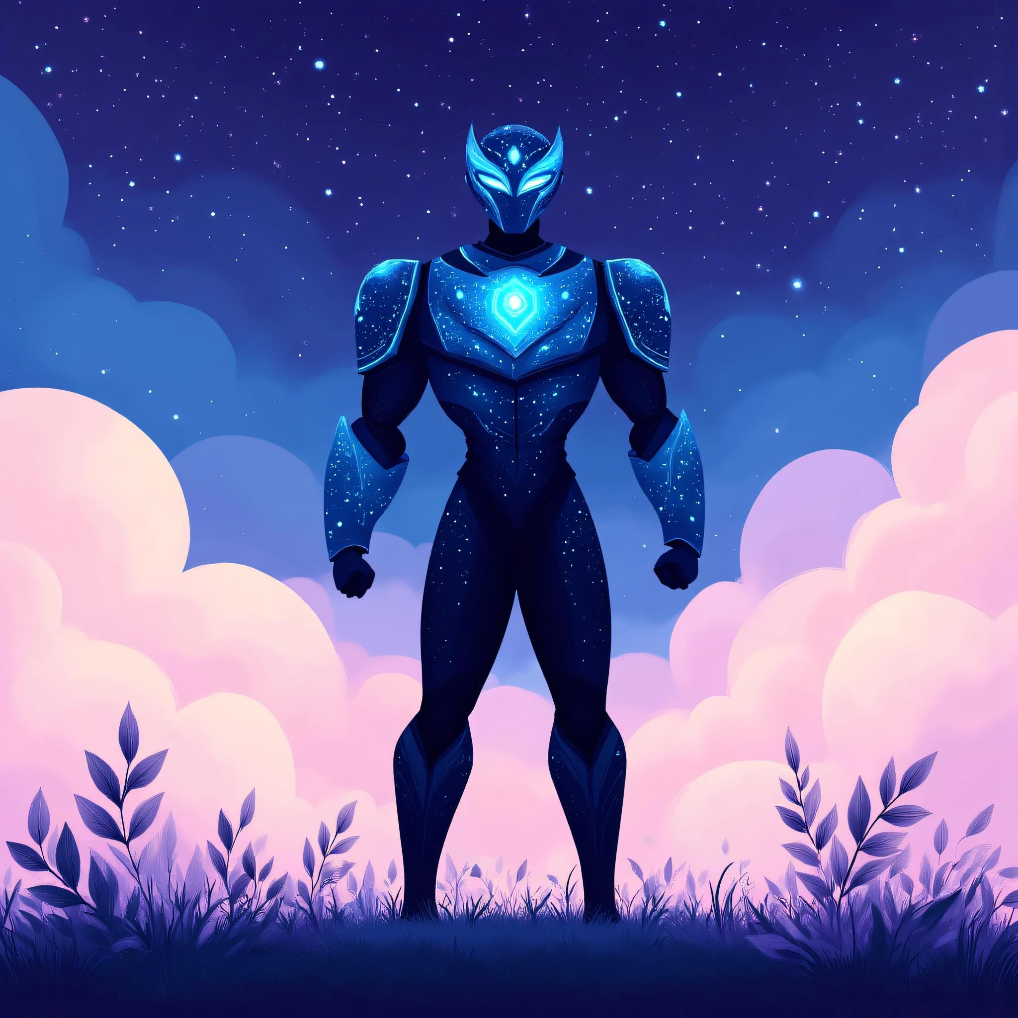 ArsMJStyle, Flat Cartoon Illustration, The image shows a man in a blue suit standing in the middle of a field surrounded by plants and clouds in the sky., solo, sky, cloud, samus aran, star (sky), full body, standing, power armor, helmet, starry sky print