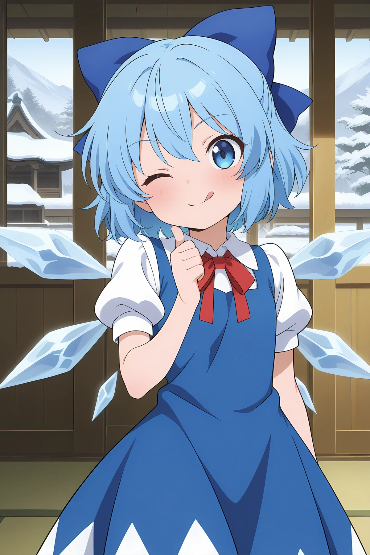 absurdres, highres, masterpiece, best quality, amazing quality, official anime artwork, screencap, anime screencap, indoors, hakurei shrine, one eye closed, licking lips, thumbs up, snow, winter,
<lora:Cirno_Illustrious:1> cirno, 1girl, solo, blue eyes, blue hair, short hair, ice wings, ice,, bow, hair bow, dress, blue dress, short sleeves, blue bow, puffy sleeves, red ribbon,