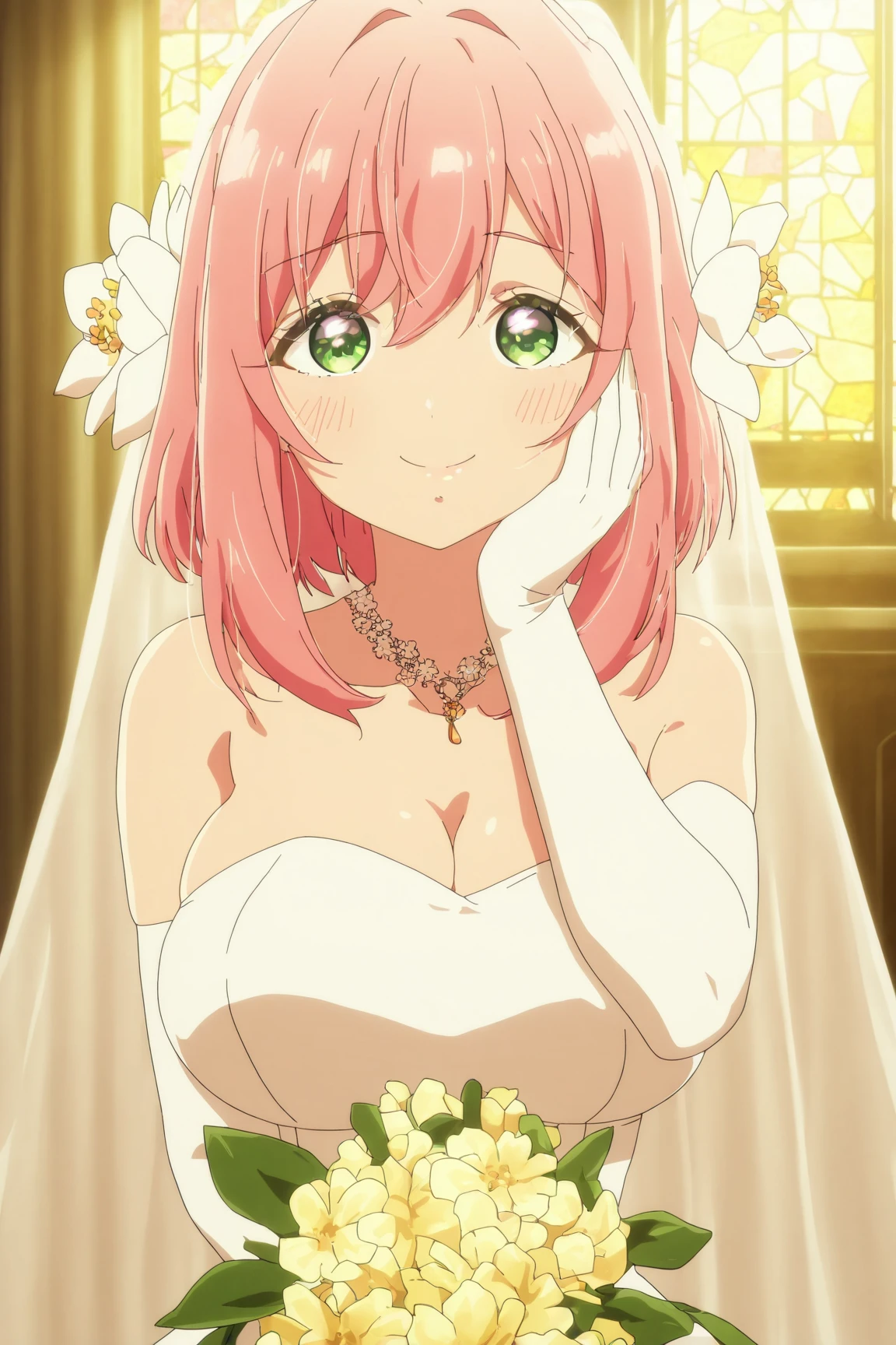 masterpiece, best quality, absurdres, highres, cinematic light, 1girl, <lora:karane_and_hakari:1> hakari_wz, pink hair, medium hair, hair ornament, hair flower, green eyes, large breasts, indoors, church, stained glass, holding bouquet, flower, smile, hand on own cheek, wedding dress, bridal veil, looking at viewer, <lora:anime_screencap-Illustrious_1064755:1> anime screencap, anime coloring