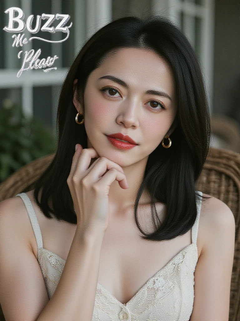 (text "Buzz Me Please" in sky:1.6),There are wonderful studio lights and various reflections,
chinese girl her face is very delicate,blushing and female orgasm,skin naturally showing the texture of blood vessels and detailed pale skin,
<lora:flux_realism_lora:0.8>,<lora:yaochen_f1_epoch_9:1>,
photoshoot poses; a photo of Chr1st1n@_RPD,a young woman with black hair,is posing for the camera with blush on her face. white flower printed dress,she is sitting in a wicker chair,on the front porch,the front porch is llined with potted flowers,Style: realistic hyper-detailed rendering,32k UHD,expressive eyes,punk,graphic design,girl's face,pretty and cute,gleaming lips,telling a tale of adventure. Exuding confidence and serenity. The overall mood of the image is happy and relaxed,detailed skin texture,(blush:0.2),(goosebumps:0.3),subsurface scattering,with a playful and whimsical tone,perfect hands,detailed hand,aidmafluxpro1.1,retro50s_style,
