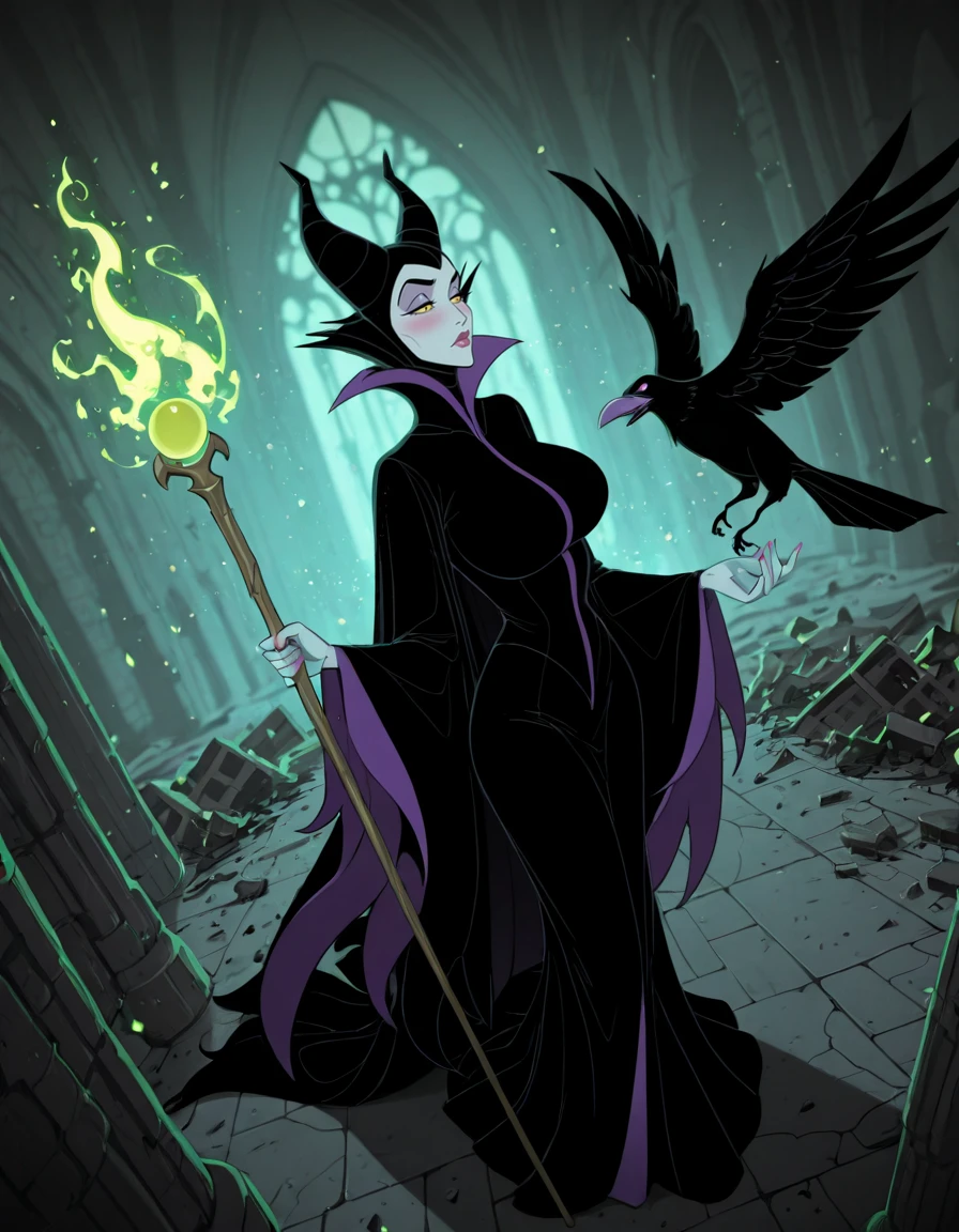 masterpiece, best quality, 1girl, solo, absurdres,
Maleficentdg,
colored skin, yellow sclera,
horned headwear, wide sleeves, high collar, black cape,
large breasts,
dutch angle, from above , Walking with a spring in the step,
blush ,
castle, interior,
crow on shoulder,
blurry background,
lips, eyelashes, eyeliner,
holding staff, battle, fighting stance,green magic, lips,
neon lights, glowing, dim_lighting,
blurry background,
destruction, fantasy,
embedding:SmoothQuality,