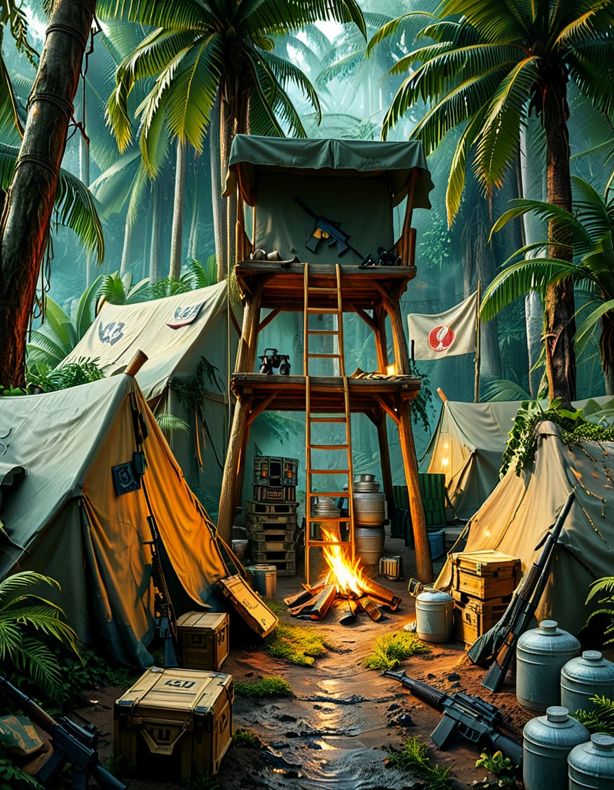 A high-resolution photograph captures a rugged mercenary camp set deep in a dense jungle at dusk. The camp is illuminated by flickering torchlight and the soft glow of portable LED lamps. Tents made of camouflage fabric are scattered around, some reinforced with sandbags. In the center, a group of battle-hardened mercenaries, clad in tactical gear and carrying assault rifles, sit around a makeshift table, studying a map with intense focus. Nearby, a few soldiers clean their weapons while others stand guard, scanning the perimeter. A military jeep, covered in mud, is parked beside a stack of crates marked with ammunition symbols. Smoke rises from a small firepit where a kettle boils, adding to the gritty yet atmospheric realism of the scene. The air is thick with tension and the sounds of distant wildlife. The image is ultra-detailed, with cinematic lighting and a dramatic, high-contrast color palette, emphasizing the dangerous and clandestine nature of the camp.<lora:SDXLFaeTastic2400:0.4> <lora:extremely_detailed:0.4> extremely detailed, <lora:mercenary_c4mp:1>,mercenary c4mp, Masterpiece,best quality,hi res,8k,hi res,8k,award winning,(sharp focus, intricate, highly detailed),