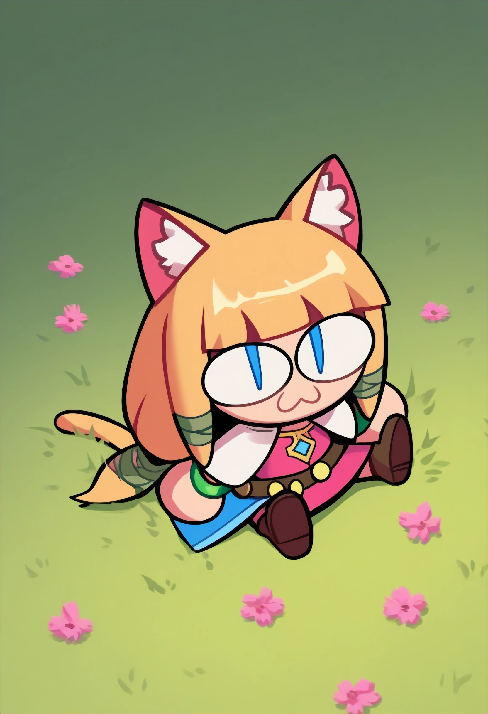 masterpiece, best quality, absurdres, outdoors,simple background,grass,noccen,animal ears, :3, chibi, cat tail, animal ear fluff, slit pupils,zeldssn11, blonde hair, hair tubes, hair ribbon, low-tied long hair, blunt bangs, blue eyes, brown belt, pink dress, green bracelets, white capelet, blue waist cape, medallions,sitting,flowers,brown boots <lora:zeldss_n11:0.8> <lora:necoarccon-guy90-Illust-LycorisV1:1>