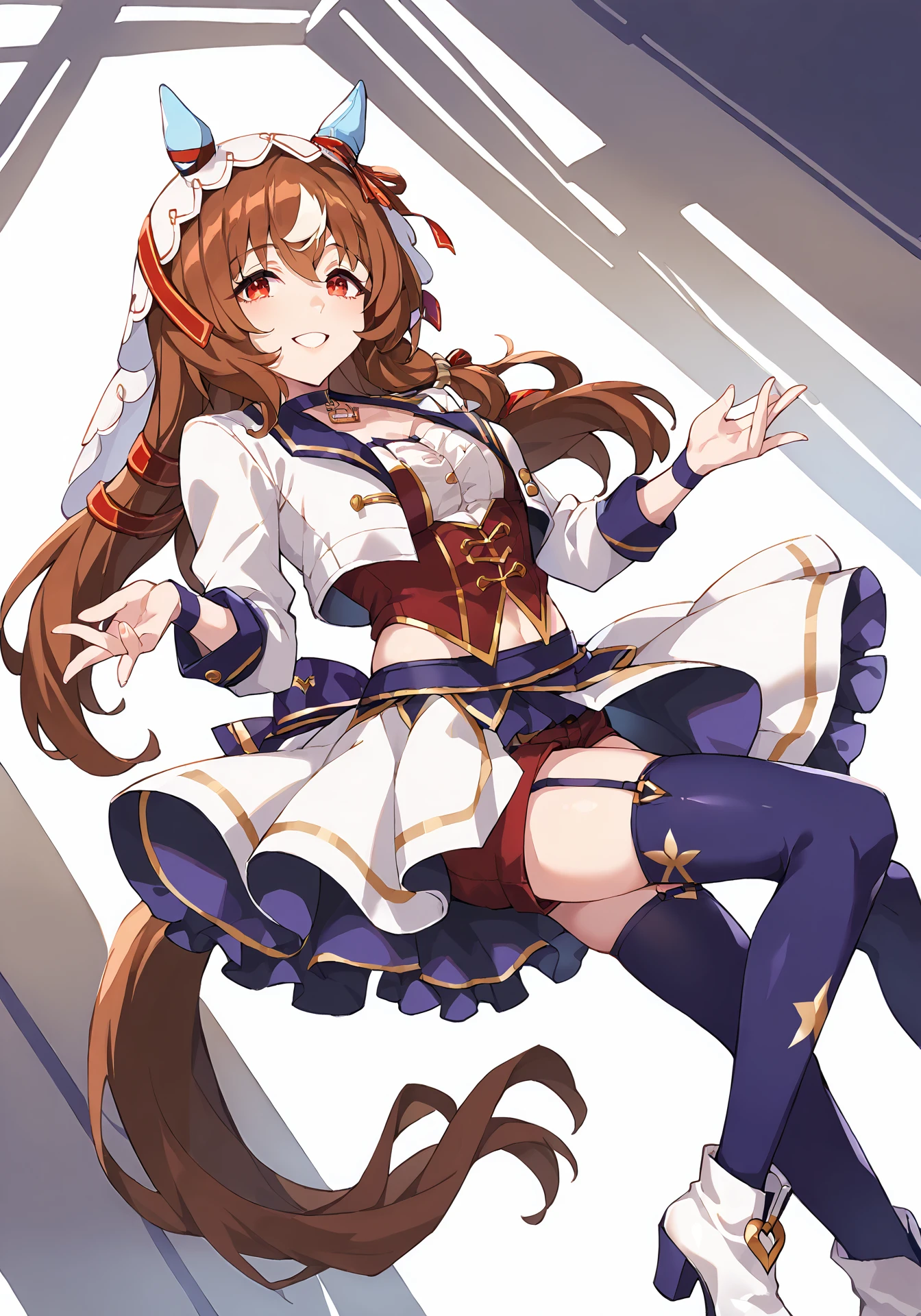 Anime girl with long brown hair and blue dress sitting on a chair ...