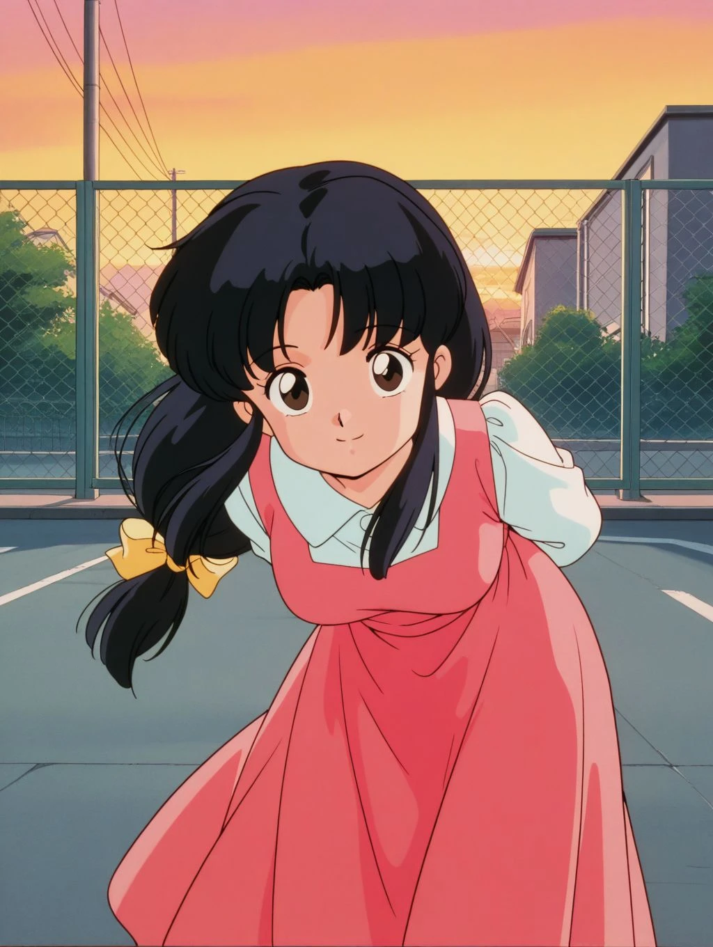 masterpiece, best quality, newest, absurdres, highres, detailed eyes, beautiful, detailed background, perfect eyes, anime coloring, masterpiece, best quality, newest, absurdres, highres, detailed eyes, beautiful, detailed background, perfect eyes, anime coloring, retro artstyle, 1990s \(style\), 1girl, solo, tendou akane, black hair, long-tied long hair, sidelocks, brown eyes, medium breasts, white collared shirt, long sleeves, pink dress, long dress, looking at viewer, smile, bent over, arms behind back, pov, (outdoors, neighborhood, street, chain-link fence, sunset, floating hair), <lora:4k4n3_rnm-08:0.8>
