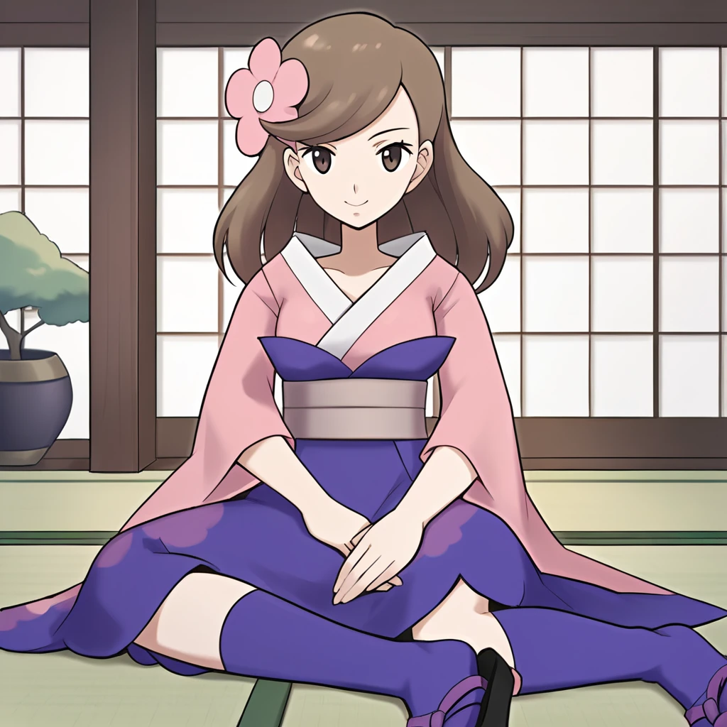 1girl, solo, sitting, dojo, tatami, full_body, close-up, girl_focus, furiblossom, long_hair, brown_hair, hair_flower, dark_skinned_female, brown_eyes, japanese_clothes, kimono, pink_kimono, sash, wide_sleevees, kneehighs, purple_socks, sandals, masterpiece,amazing quality,very aesthetic,high resolution,ultra-detailed,absurdres,newest,ncserena, ((anime style, source anime)), (vibrant colors), [high saturation],score_9,score_8_up,score_7_up,source_anime