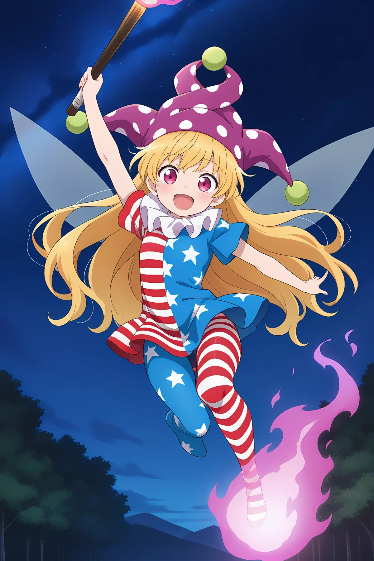 absurdres, highres, masterpiece, best quality, amazing quality, official anime artwork, screencap, anime screencap, outdoors, looking at viewer, light smile, night,
<lora:Clownpiece_Illustrious:1> clownpiece, 1girl, solo, pink eyes, blonde hair, long hair, fairy wings,, jester cap, polka dot, inverted american flag legwear, american flag dress, star print, pantyhose, striped clothes,
dynamic pose, midair, flying, torch, open mouth,