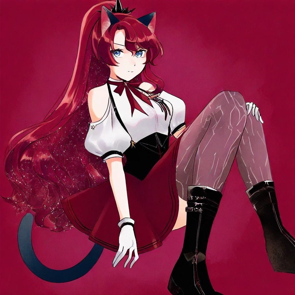 halterneck, tail, corset, red skirt, cat ears, white gloves, brown thighhighs, curtained hair, white shirt, , red hair, ponytail, suspenders, black boots, very long hair, puffy short sleeves, open shoulders, red ribbon