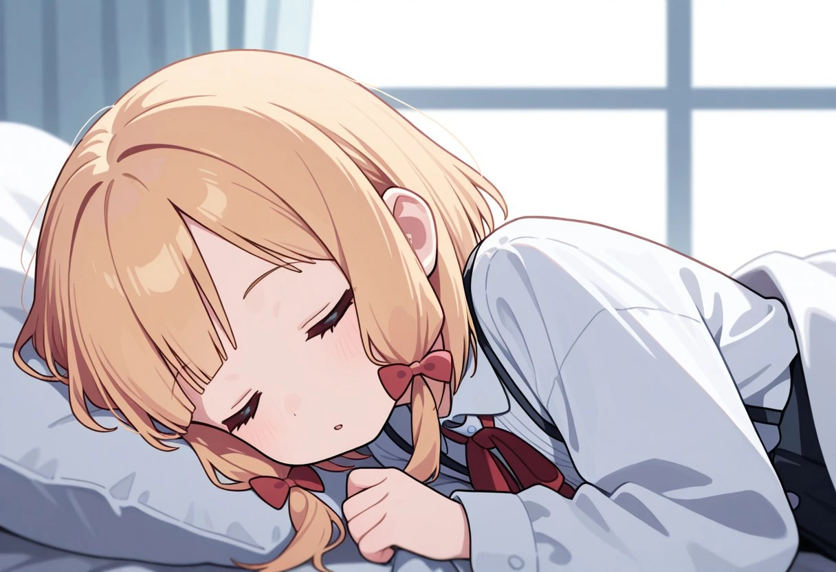 Top quality,( 1 beautiful girl), junior high school student, Blonde, Braided hair, Medium Hair, standard weight, hoodie, blush, sleeping, (japanese style room), table, beautiful scene, cowboy shot
