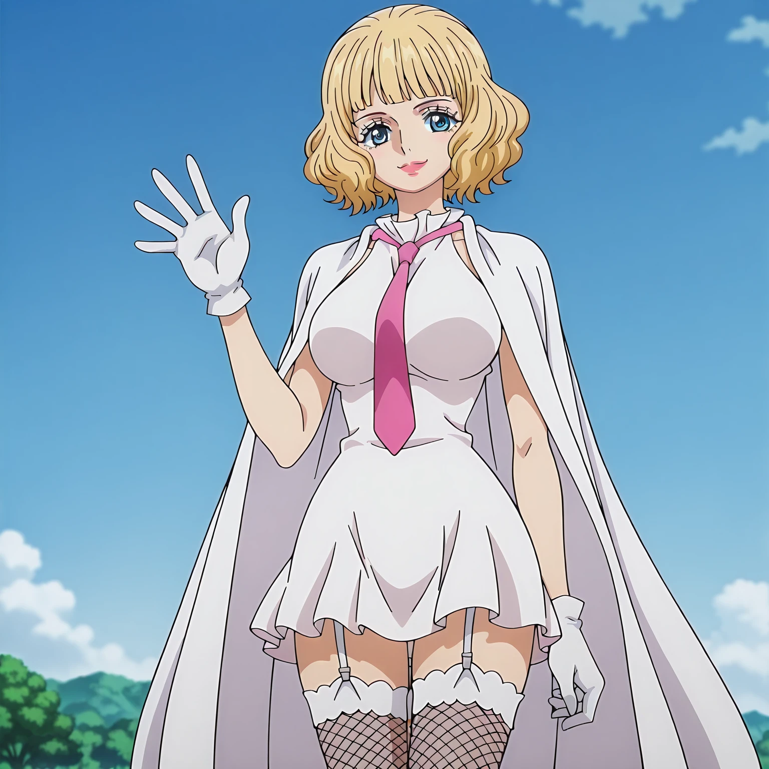 girl, white skirt, blond hair, pink tie, pink lipstick on lips, white cloak