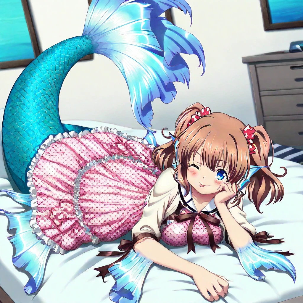score_9, score_8_up, score_7_up, score_6_up, high resolution, gorgeous, absurdres, best quality, anime screencap, source_anime, official art, 1girl, mmRui, brown hair, blue eyes, twintails, medium hair, medium breasts, monster girl, mermaid, mermaid tail, blue tail, head fins, elbow fins, hip fins, webbed hands, dress, frilled dress, pink dress, polka dot, polka dot dress, hair ornament, ribbon, white cardigan, bedroom, indoors, lying down, blush, smile, wink, tongue out, solo