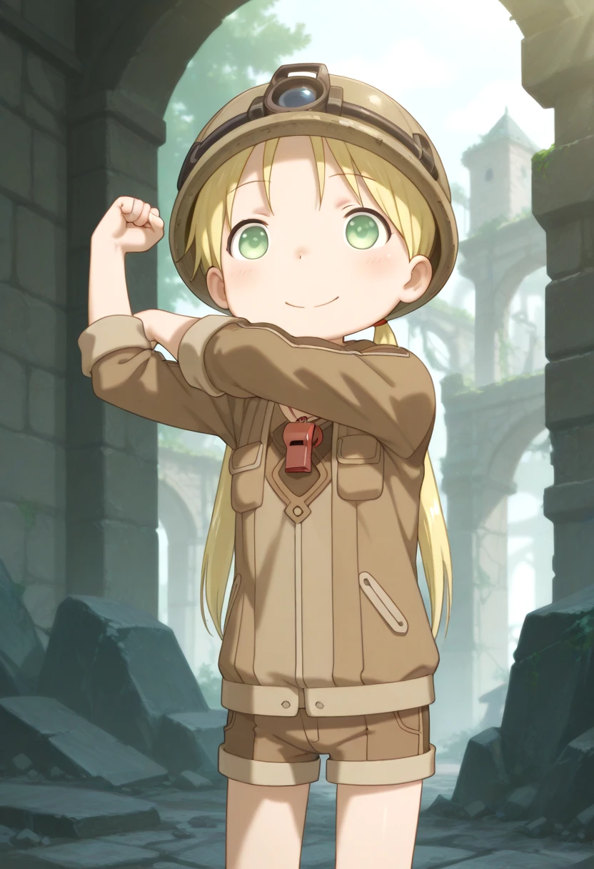<lora:made-in-abyss-riko-IL-xl-v10:1>
1 girl, riko, standing, twintails, green eyes, red whistle pendant, brown jacket, helmet, stone village ruins, mossy stones, cowboy shot, blush, happy face expression, stretching pose, shorts