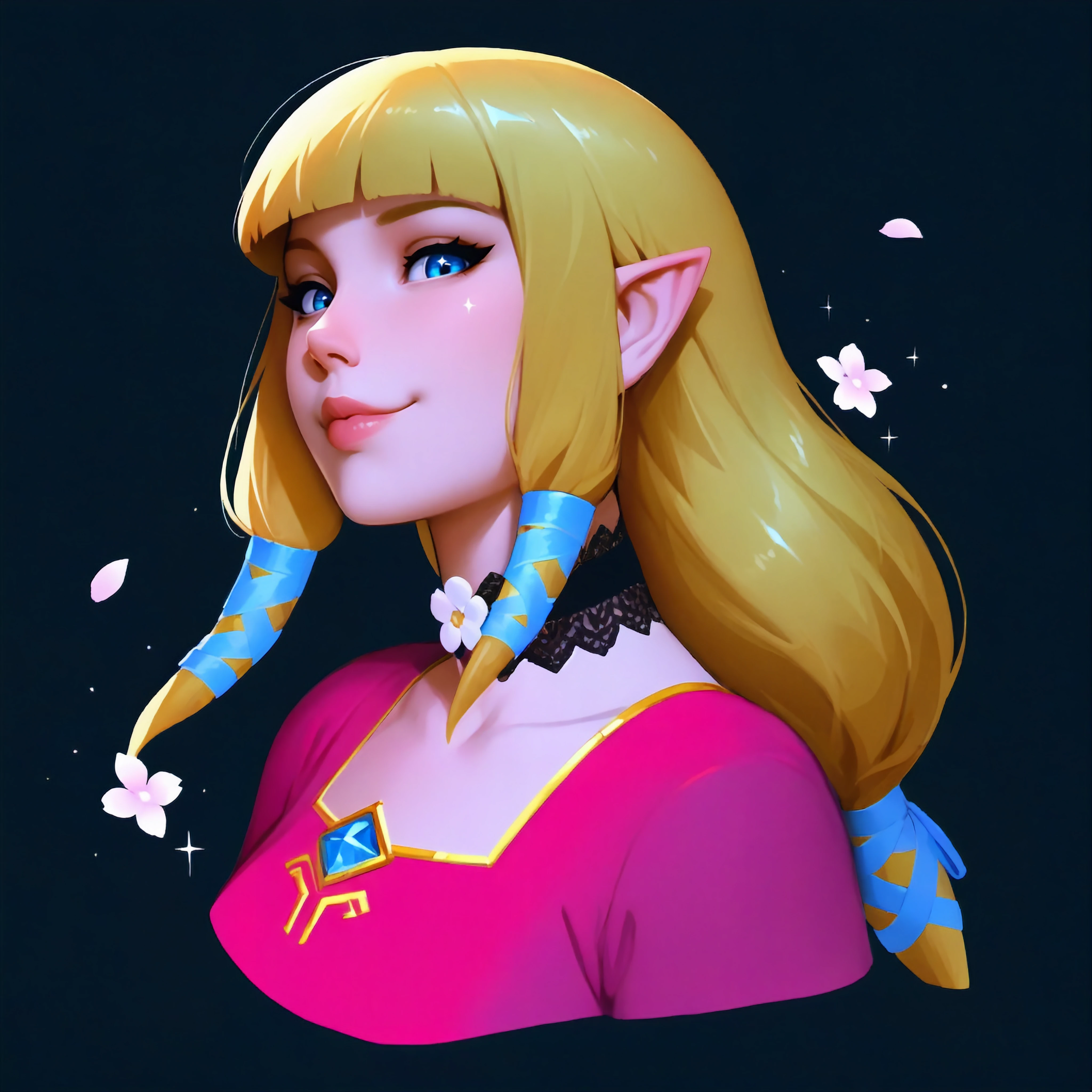 masterpiece, best quality, absurdres, edgChoker, wearing edgChoker, flower choker,lips, looking at viewer,from side,dark theme,smile,1girl,zeldssn11, blonde hair, hair tubes, hair ribbon, low-tied long hair, blunt bangs, blue eyes, pointy ears,cropped torso,pink dress,sparkle,petals <lora:zeldss_n11:0.8> <lora:edgChokerILS:0.7> <lora:knorin_n11:0.6> <lora:ickp_n11:0.8>