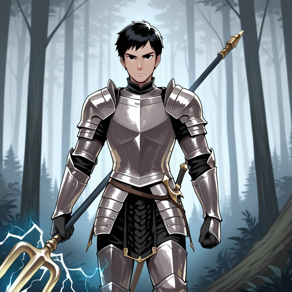 masterpiece, best quality, HoldingTrident, holding trident, 1boy, solo, black hair, short hair, black eyes, knight armor, cowboy shot, <lora:HoldingTrident_illustrious_Leaf1:1>, forest, electricity,