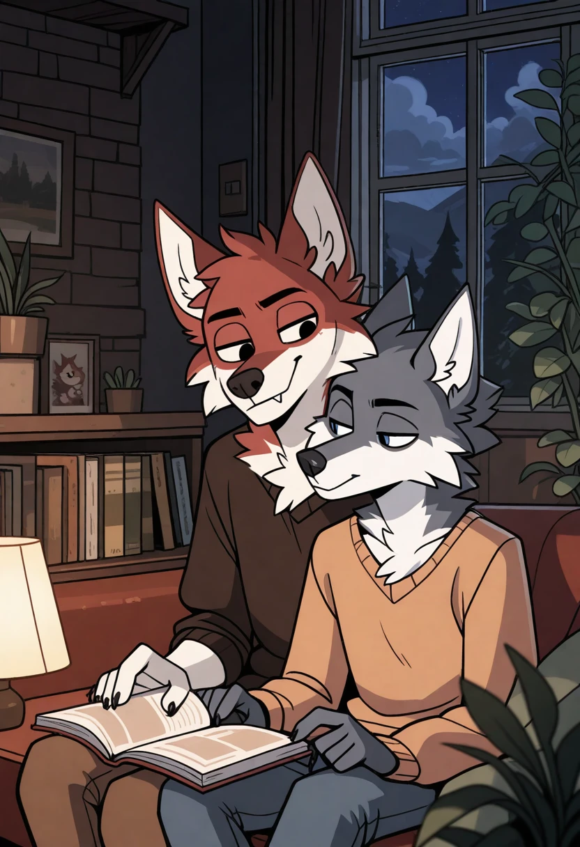 best quality, amazing quality, very aesthetic, absurdres, newest, by cocadope, duo, room, plants, BREAK
furry, male, 2boys, wolf, two-tone fur, reading book, seductive, flirting, detailed background, <lora:Cocadope_style_Illustrious:1>