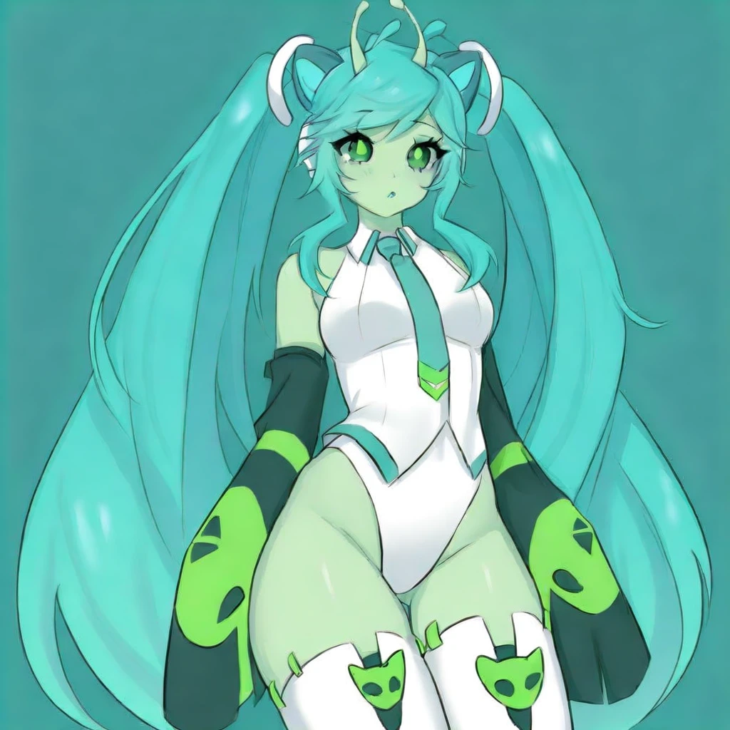 <lora:Glorpi_Miku:1> glorpimiku, 1girl, solo, twintails, long hair, green eyes, white leotard, colored skin, aqua hair, green skin, white thighhighs, antennae