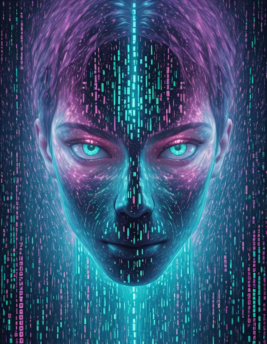 Glitchcore Art Style, detailed, mmatrix-style, silhouette, code, text focus, glitch, digital dissolve, 1boy, dynamic, dramatic, distorted, vibrant colors, glitchcore art style
