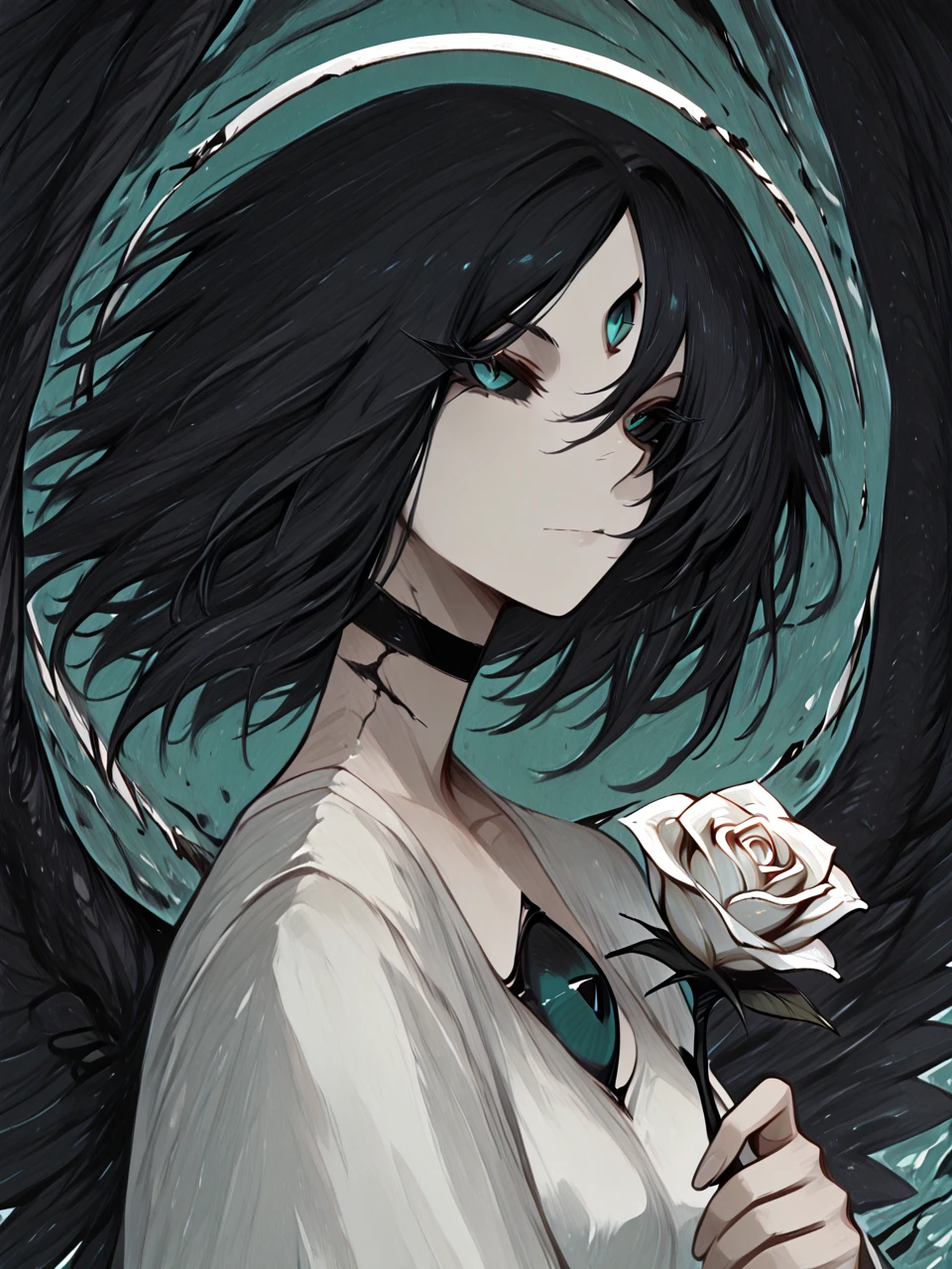 (masterpiece), best quality, newest, absurdres, highres, 1girl, adult, (third eye), looking at viewer, black wings, white halo, dripping halo, black hair, green eyes, slit pupils, black pupils, scar across nose, black choker, black skirt, dark_theme, detailed eyes, abstract background, wind, green background, white flames, detailed fingers, close_up, portrait, side view, holding white rose, depth of field