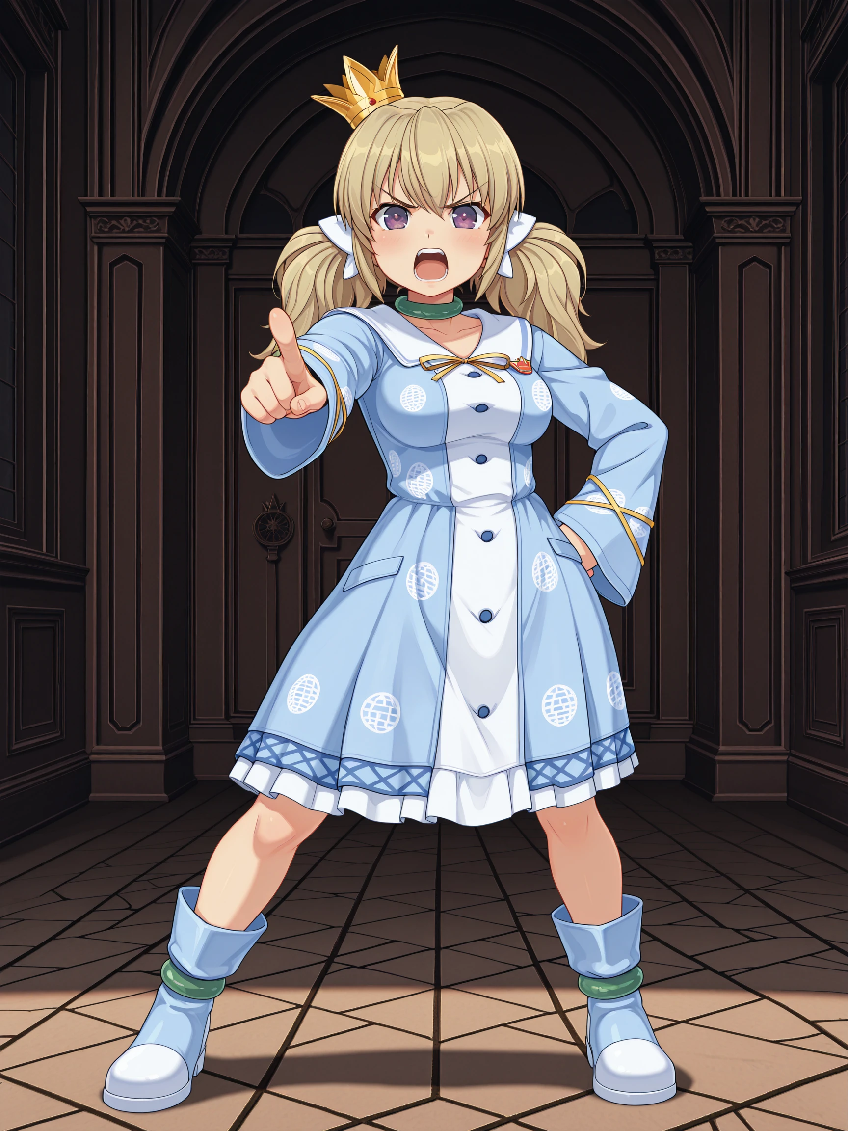 masterpiece, best quality, amazing quality, anime screenshot, high contrast, frostbite
(solo:1.4), Kafuru_IL, purple eyes, blonde hair, twintails, mini crown, Kafuru_Shinobi, white bows, green choker, blue dress, print dress, long sleeves, gold lacing, gold ribbon, blue and white boots, green leg bangles
pointing at viewer, hand on hip, angry, shouting
<lora:SK_Kafuru_IL:1>
<lora:frostbitev2_Illu_dwnsty:0.7>
