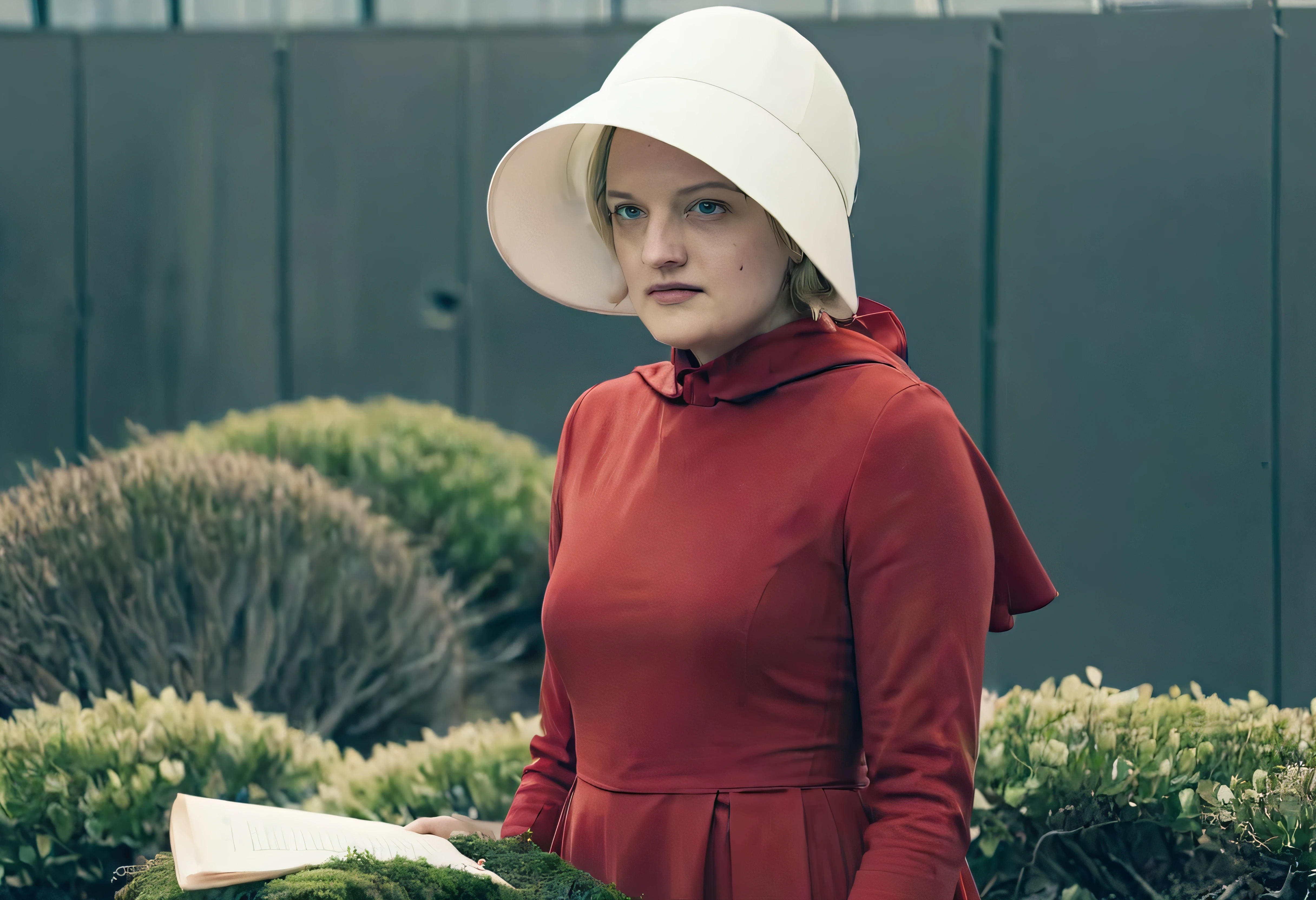 handmaid, red dress, white hat, handmaid style, moss flux-style, (moss) as handmaid dressed in a (red cotton dress:1.1) and (white hat:1.1), handmaid style, flux-style, blonde hair pulled up and hidden under her hat, restricted, oppressed
