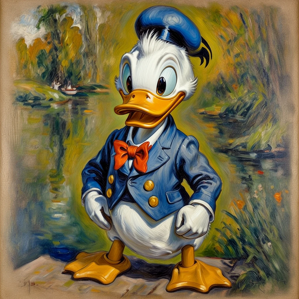 Vintage oil painting. Donald duck.
(In the style of Pierre-Auguste Renoir). 1880s style.
vntgdrwngCE_style