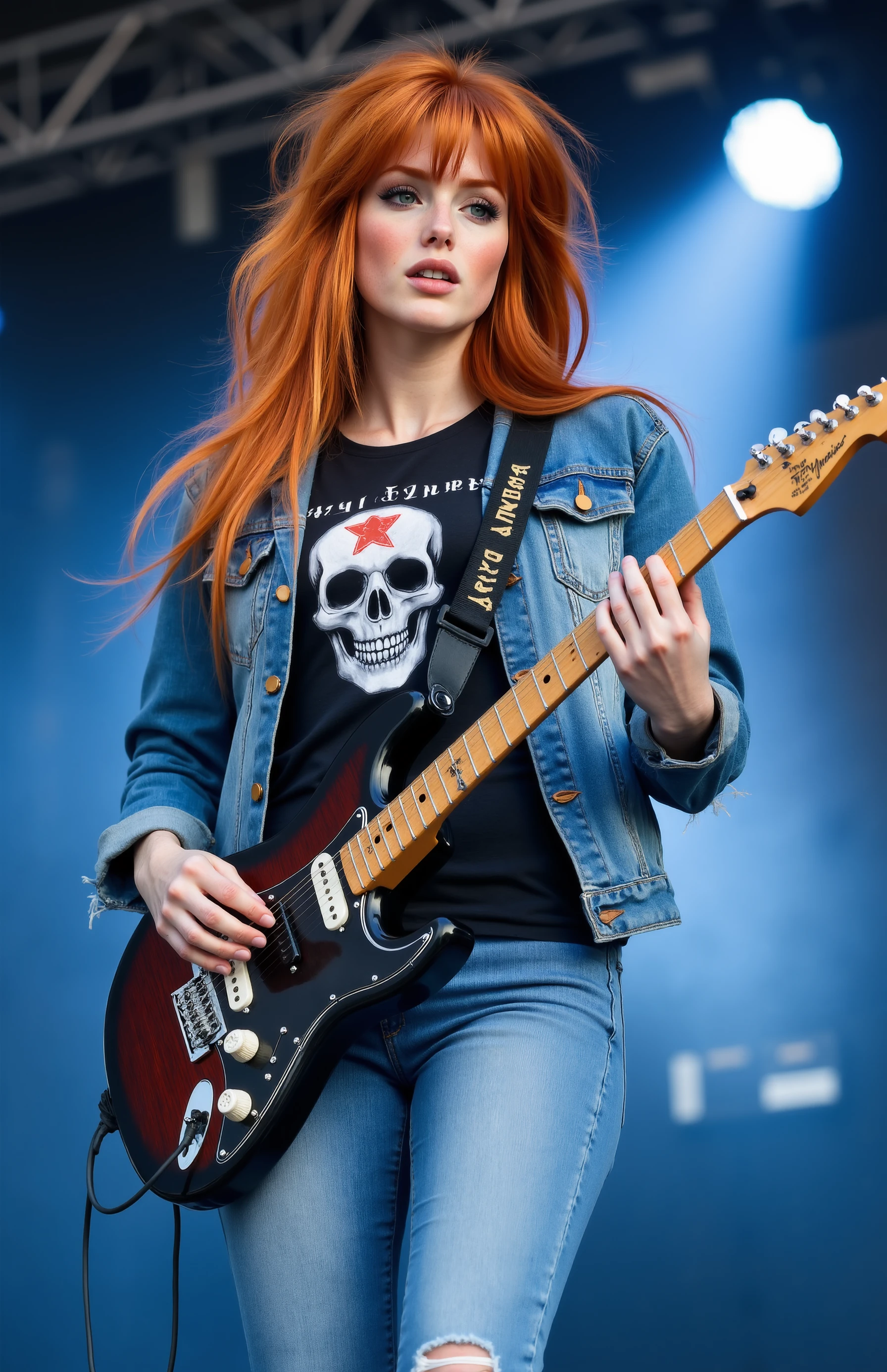 very detailed, beautiful charevie, standing on a stage, playing guitar, wearing jeans jacket a black rockband "Arch Enemy" and a skull on the t-shirt, blue jeans, sneakers. Spotlight at her