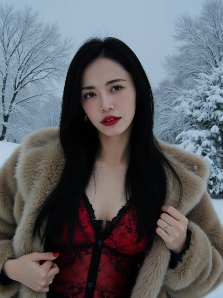 (text "Buzz Me Please" in sky:1.6),There are wonderful studio lights and various reflections,
chinese girl her face is very delicate,blushing and female orgasm,skin naturally showing the texture of blood vessels and detailed pale skin,
<lora:flux_realism_lora:0.8>,<lora:yaochen_f1_epoch_9:1>,
erotic photography.glamour photograhy. In the midst of a snowy fairytale landscape stands an alluring woman with black hair,deep brown eyes,Her striking red lips and perfectly manicured red nails draw all attention. Her long,straight hair cascades down her back as she gazes directly at the viewer. Her breasts are visible through delicate red-and-black one-piece lace lingerie,complemented by thigh-high red stockings,creating an enticing image. A fur coat drapes over her shoulders,slipping down to reveal her open front,adding an air of eroticism to her appearance. Snowflakes gently fall around her,framing the scene with a serene white backdrop.,