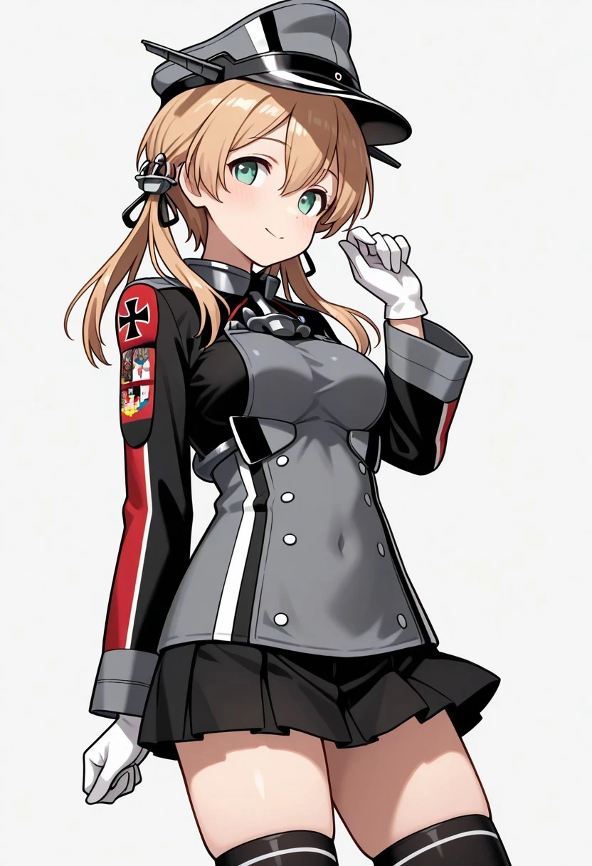 masterpiece, best quality, 32k, high resolution, absurdres, prinz eugen (kancolle), low twintails, anchor hair ornament, long sleeves, military hat, military uniform, gloves, iron cross, skirt, thighhighs, white gloves, cross, hat