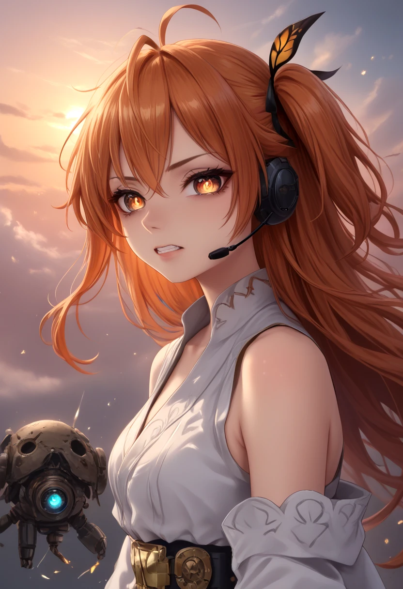 score_9,score_8_up,score_7_up,score_6_up,score_5_up,score_4_up,source_anime,<lora:adachi_rei_ai_voice_pony:1>,adachi_rei_ai_voice_pony,<lora:addetailv3_by_n0utis_pony:0.8>,1girl,album cover,alternate costume,android,asymmetrical eyes,backlighting,bright pupils,butterfly in eye,clenched teeth,cloud,cloudy sky,cover,floating,floating hair,floating object,gears,gold belt,gradient sky,hair ribbon,headset,long hair,looking at viewer,mechabare,mechanical arms,metal skin,one side up,orange eyes,orange hair,orange sky,oversized object,parted lips,purple sky,radio antenna,ribbon,robe,sky,sleeveless robe,solo,sunset,teeth,upper body,white pupils,white robe,