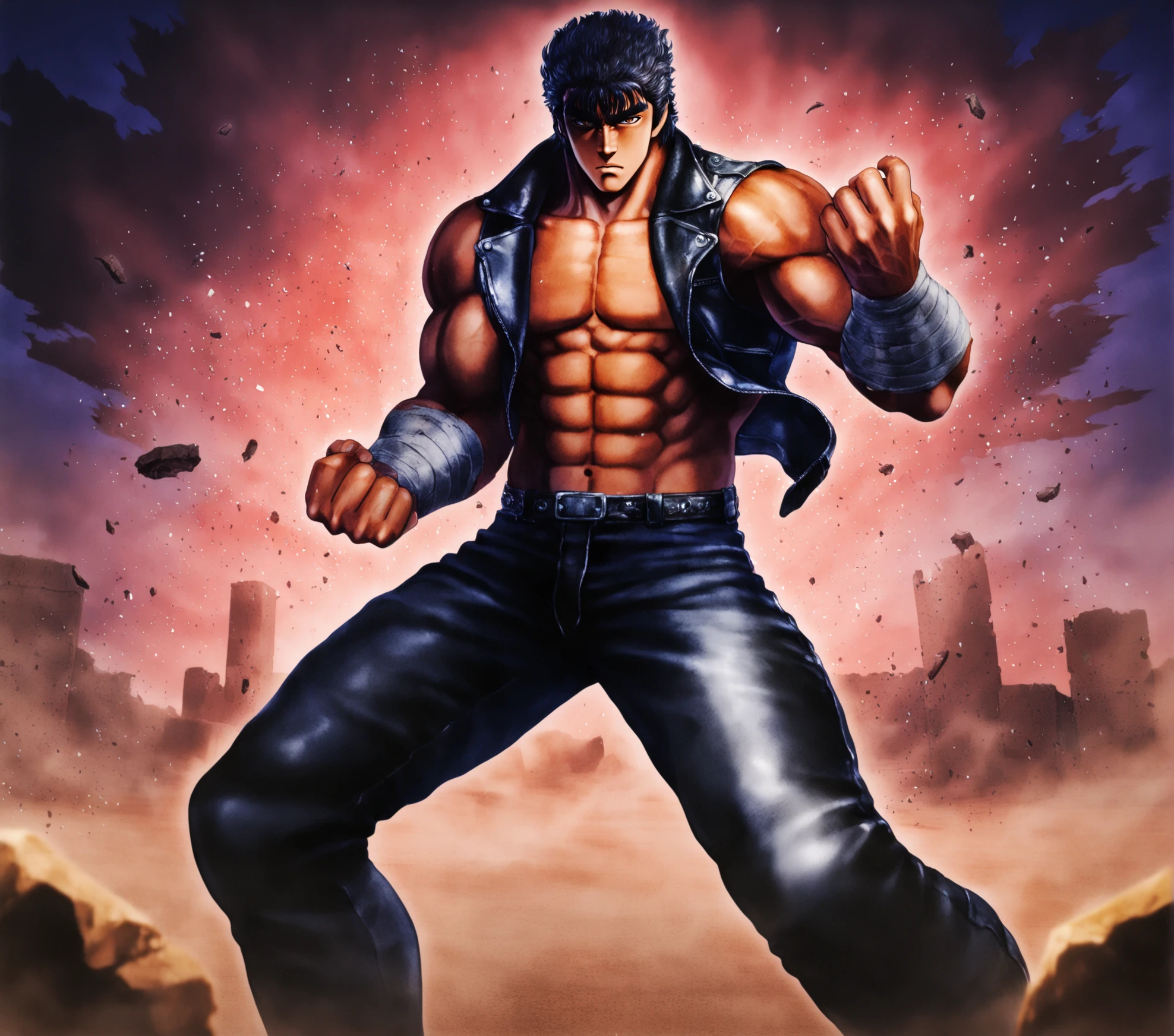 1boy,hokuto no ken,black hair,short hair,leather pants,leather jacket,muscular,desert,night,broken buildings,intense eyes,brown eyes,dust,sleeveless,standing,navel,fighting stance,arms bandage,amazing quality, very aesthetic, absurdres, masterpiece, newest