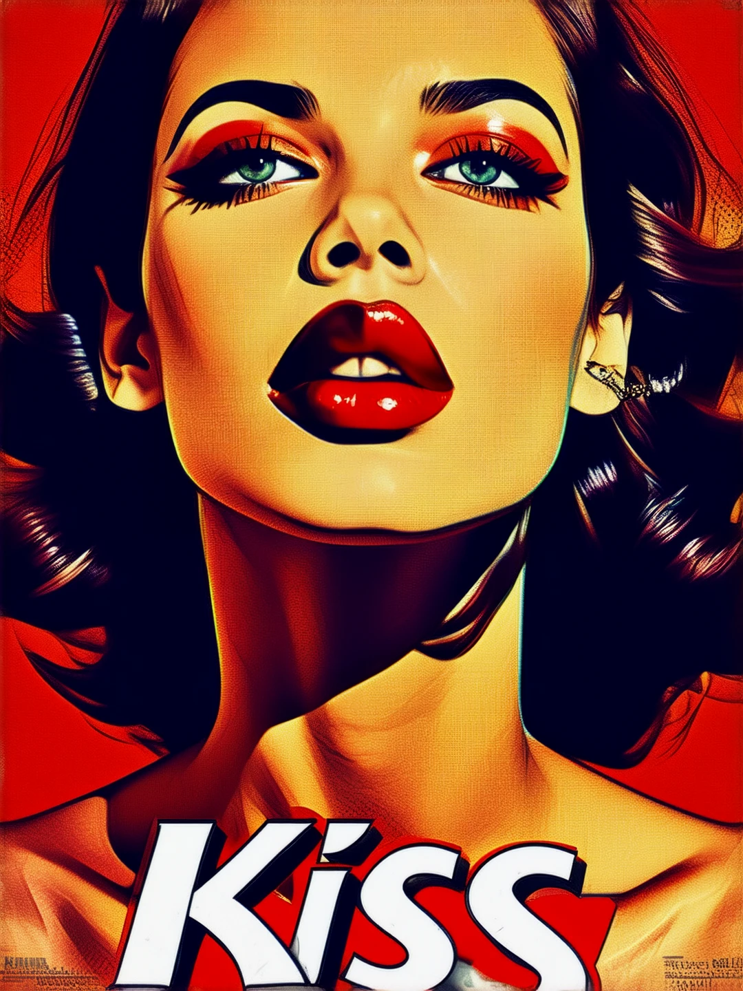 Poster art. A sultry girl with red lips. (text: "Kiss").
rtropopCE_style