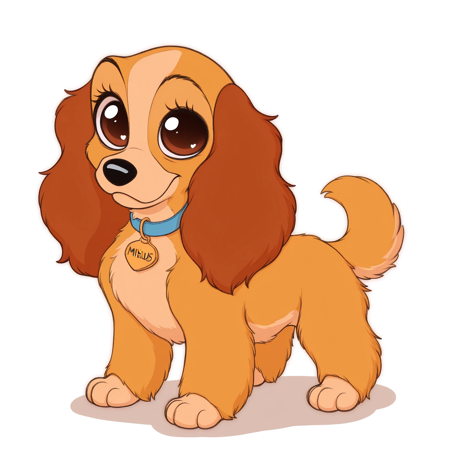 masterpiece, best quality, amazing quality, very aesthetic, high resolution, solo
Lady, spaniel, disney, blue collar, golden tag, inscription âLadyâ on the tag, golden fur, brown eyes, mikus-concept, full body, big eyes, chibi
 <lora:silly-guy-il:1>
 <lora:Lady_il:0.9>