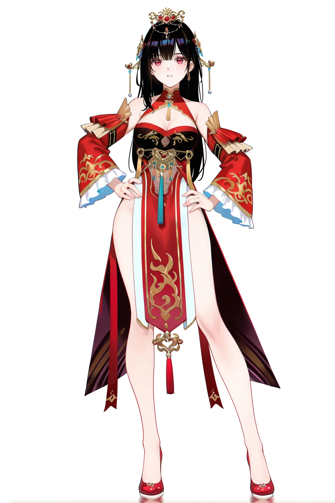 1 Woman, mature, High (1.85 cm), looks about 35 years old, has long black hair, straight and shiny, tied in the Chinese Taoist style, majestic black eyes, Extremely detailed eyes, perfect eyes, đôi mắt cực kỳ thực tế, balanced eyes, Long eyelashes, Anime style, perfect face, milf face, full red lips, mature, smooth white skin, natural body, sexy body, milf body, Perfect hands, detailed hands, arms in proportion to the body, đôi tay thực tế, arm with good anatomy, She was only wearing a set of underwear but still could not hide her extremely large and gigantic breasts. (cup I), very big breasts, four hands can lift,breasts sag due to their size, leggy, thick thighs, wide hips, wear black socks, full body drawing, have full arms and legs, look at the viewer, The background is a Chinese-style pavilion., pose alone, look at the viewer.