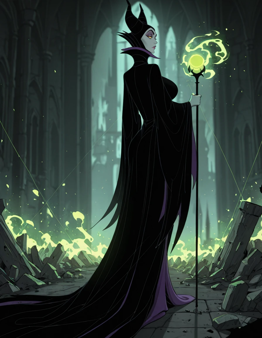 masterpiece, best quality, 1girl, solo, absurdres,
Maleficentdg,
colored skin, yellow sclera,
horned headwear, wide sleeves, high collar, black cape,
large breasts,
from behind , Balancing, pretending to walk on a tightrope,
looking back ,
castle, interior,
crow on shoulder,
blurry background,
lips, eyelashes, eyeliner,
holding staff, battle, fighting stance,green magic, lips,
neon lights, glowing, dim_lighting,
blurry background,
destruction, fantasy,
embedding:SmoothQuality,