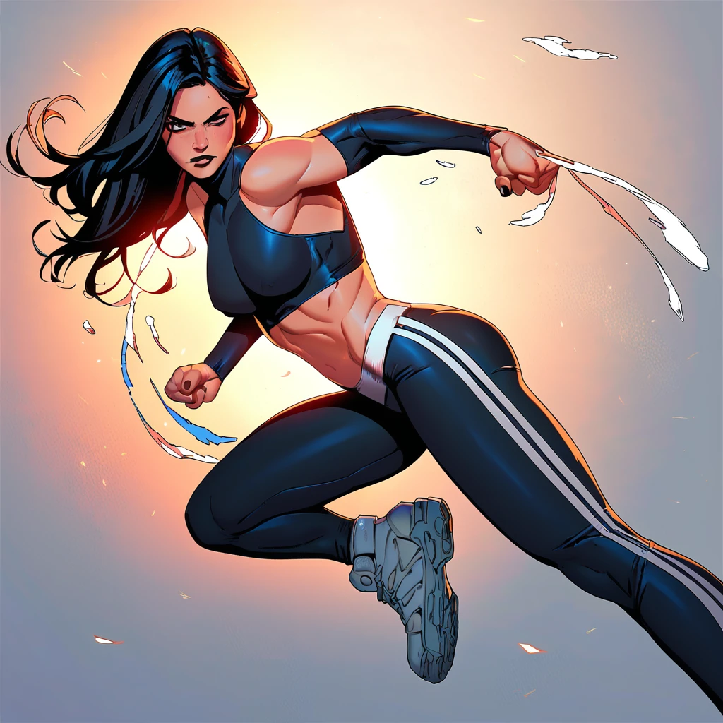 score_9,score_8, score_8_up,score_7, <lora:x23Pony:1>, x23wolv,1girl,black top, black hair,black crop top ,long hair, leggins, full body, fighting pose, midriff